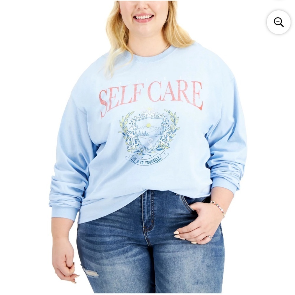 NWT LOVE TRIBE Womens Light Blue Long Sleeve Crew Neck T-Shirt Plus Size 1X